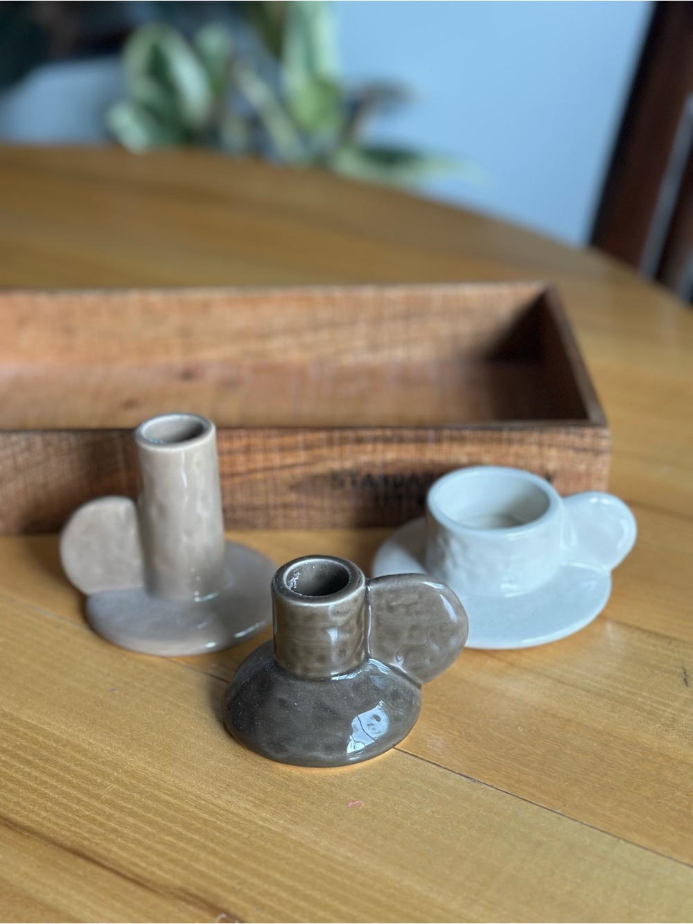 Ceramic Candle Holders - Set of 3 (Gray, Beige, White) & Wood Tray, Decor Bundle